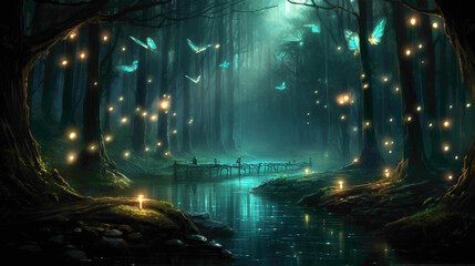 Luminous fireflies creating a magical spectacle in the moonlit forest, their gentle glow illuminating the darkness. - obrazy, fototapety, plakaty