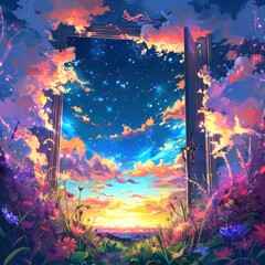 A beautiful anime illustration of an open door leading to the sky, surrounded by clouds and stars, with colorful grass on one side and purple flowers in front of it