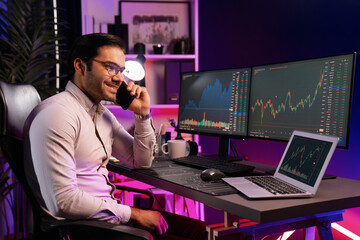 Trader smart businessman calling to broker or partner, analyzing in dynamic stock exchange...