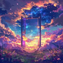 A beautiful anime illustration of an open door leading to the sky, surrounded by clouds and stars, with colorful grass on one side and purple flowers in front of it.