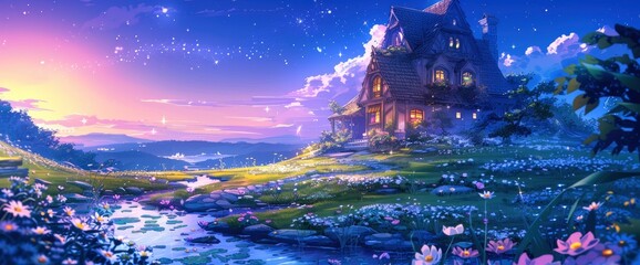 A beautiful anime illustration of an old farmhouse in the distance, nestled on rolling hills covered with vibrant wildflowers under a starry sky at sunset.