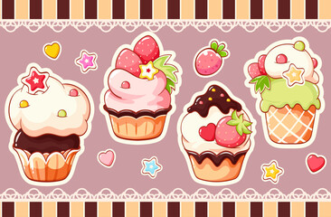 Set of stickers with cute sweet desserts in kawaii style. Cake, muffin and cupcake with whipped cream, cherry and strawberry. Vector illustration EPS8