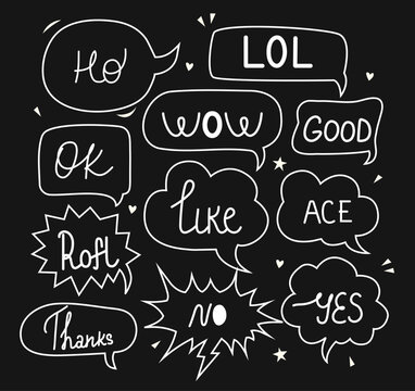 Set of speech bubbles and talks clouds with phrases. Quotes and slang. Calligraphy and lettering. Conversation with words. Sketchy scribbles elements. Abbreviation and arrows. Editable stroke