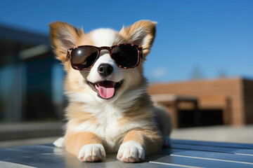 An adorable puppy donning sunglasses, chilling on a chic white surface. - obrazy, fototapety, plakaty