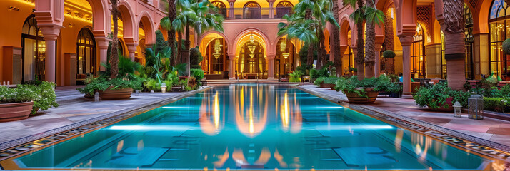 The photo depicts a luxuriously designed indoor pool, warmly lit with reflections in the water adding to its opulence