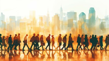 A Crowd of People Walk On Street With City Skyline In The Background.  - obrazy, fototapety, plakaty