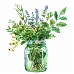 Herbal freshness captured in a mason jar with a variety of greenery and lavender, exuding a rustic charm