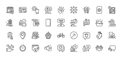 Time, Radiator and Megaphone line icons pack. AI, Question and Answer, Map pin icons. Bicycle, Like, Payment card web icon. Fake review, Inspect, Socks pictogram. Vector - obrazy, fototapety, plakaty