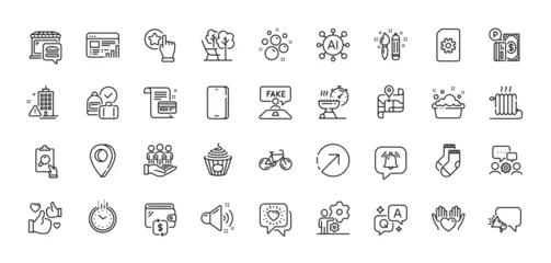 Stoff pro Meter Time, Radiator and Megaphone line icons pack. AI, Question and Answer, Map pin icons. Bicycle, Like, Payment card web icon. Fake review, Inspect, Socks pictogram. Vector © blankstock