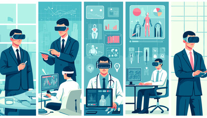 Conceptual concept of AR and VR technology images combined with Artificial Intelligence. Vector illustration.