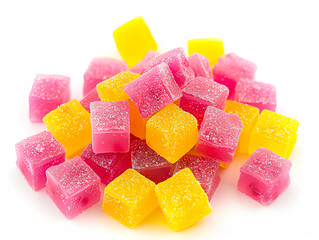 A pile of pink and yellow candy cubes.