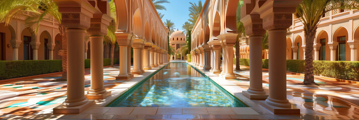 Majestic view of a grand reflective pool stretching through a luxurious Moroccan style archway adorned with lush plants