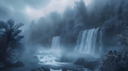 Misty morning shot of waterfall with fog in nature landscape