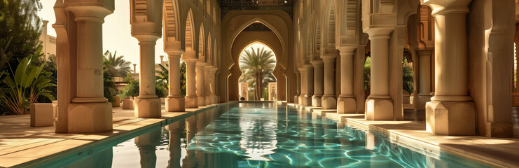 An inviting and serene pool flanked by arches reflects the clear blue sky and lush palm trees in a luxurious setting - obrazy, fototapety, plakaty