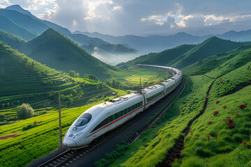 train on the mountain,
Galloping of high  speed trains and villages and - obrazy, fototapety, plakaty
