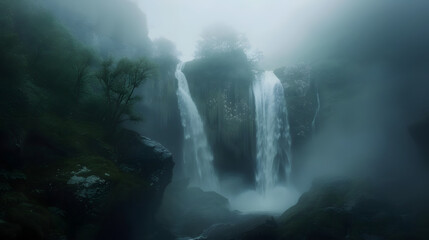 Misty morning shot of waterfall with fog in nature landscape