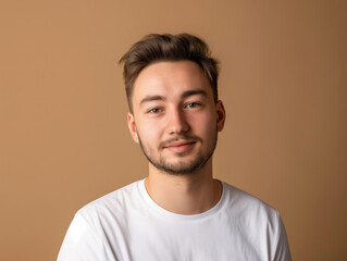 Fototapeta premium Minimalist Conceptual Portrait of Young Man with Facial Hair in White T-Shirt