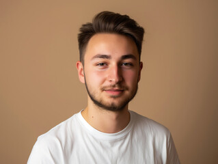 Fototapeta premium Minimalist Conceptual Portrait of Young Man with Facial Hair in White T-Shirt