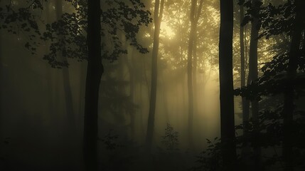 Foggy forest silhouette, close-up, straight-on angle, mysterious early morning 