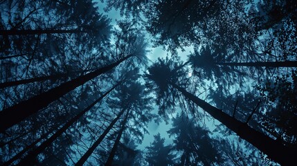 Moonlit forest, tree silhouettes, close-up, high-angle, midnight blue ambiance  - obrazy, fototapety, plakaty