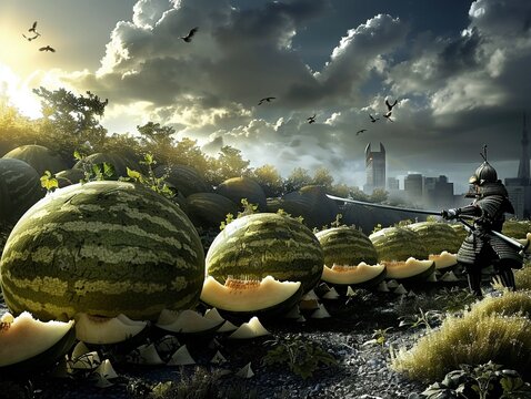 A samurai warrior gracefully slices through a row of melons, each cut as perfect as the last ,