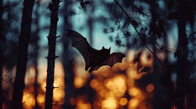 Bat silhouette, twilight forest, close-up, eye-level view, last light of day