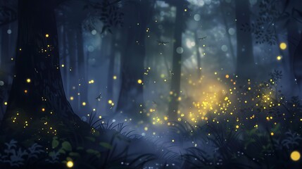 Glowing fireflies, night forest, close-up, low angle, twinkling lights, midnight enchantment 