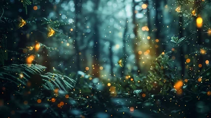 Fotobehang Glowing fireflies, night forest, close-up, low angle, twinkling lights, midnight enchantment - © Thanthara
