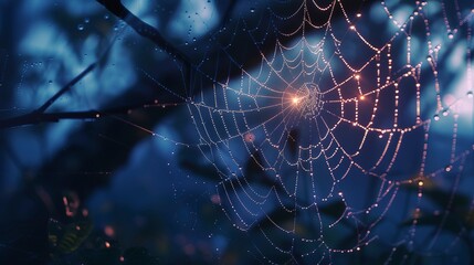 Spider web with dew, close-up, high-angle, night forest, ethereal threads, moonlit sparkle  - obrazy, fototapety, plakaty