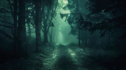 Shadowy path through trees, close-up, straight-on shot, night forest journey, dim starlight
