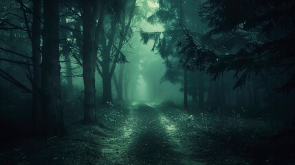 Obraz premium Shadowy path through trees, close-up, straight-on shot, night forest journey, dim starlight