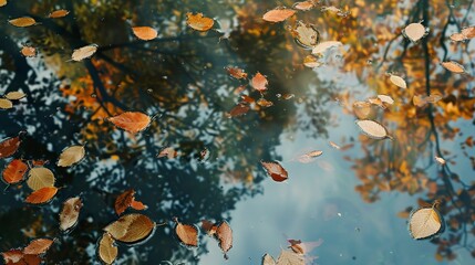 Fototapeta na wymiar Pond with floating leaves, close-up, high-angle, forest reflections, peaceful autumn day 