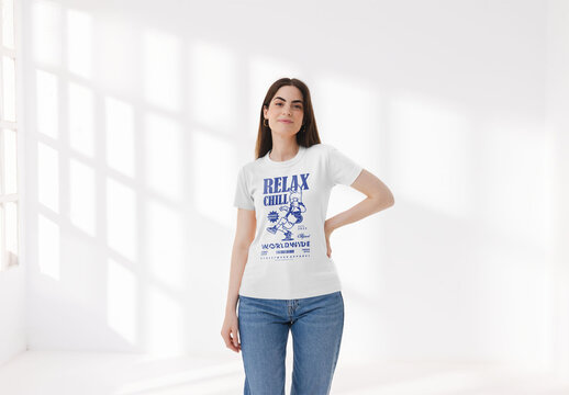Mockup of woman wearing customizable t-shirt, hand on hip