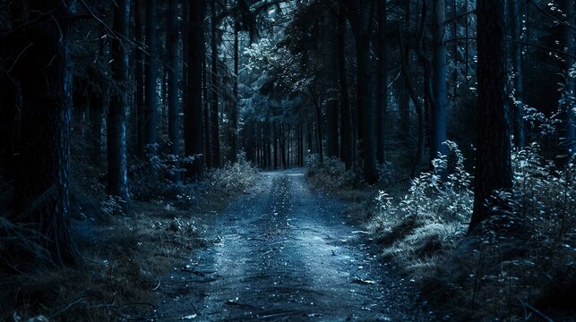 Shadowy path through trees, close-up, straight-on shot, night forest journey, dim starlight -