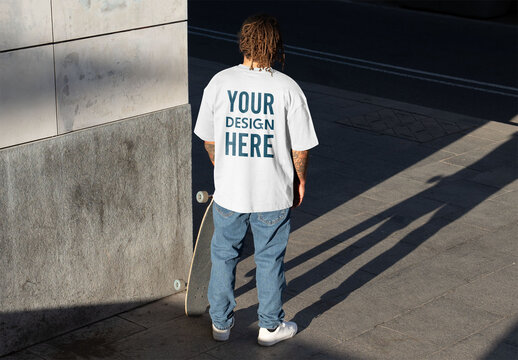 Mockup of skater wearing customizable t-shirt and skateboard