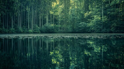 Dusk light on calm water, close-up, straight-on shot, forest silhouette reflection, evening peace -
