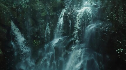 Cascading waterfall, blurred motion, close-up, eye-level, hidden rainforest gem, misty air - obrazy, fototapety, plakaty