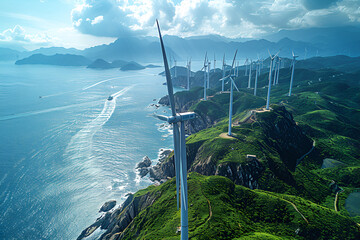 wind turbine in the mountains,
Shanghai Economic Free Trade Zone Yangshan Port - obrazy, fototapety, plakaty