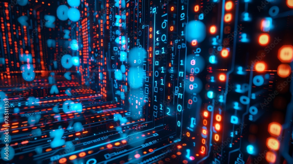 Poster binary code patterns and circuit board elements arranged in a modern, abstract style.