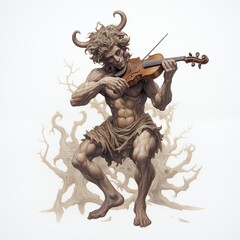 Illustration of a Satyr with a Fiddle on a White Background