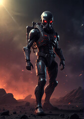 Fototapeta premium A cyborg is standing on a planet