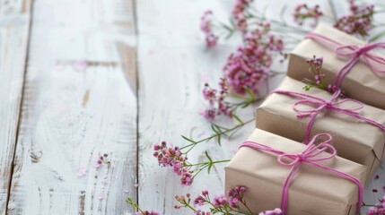 Craft paper wrapped gifts tied with pink string and delicate flowers on a rustic wooden background.