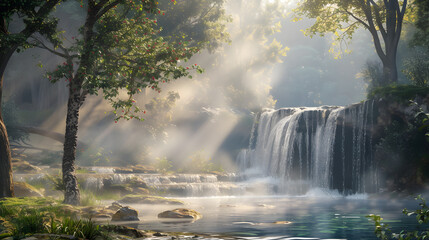 Misty morning shot of waterfall with fog in nature landscape
