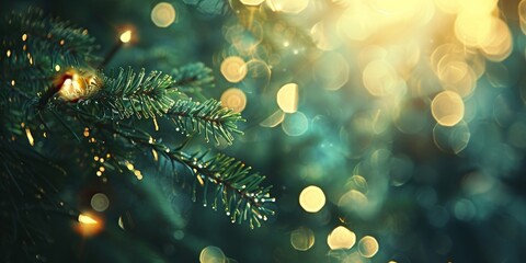 Close-up of a pine branch with sparkling Christmas lights, bokeh background. - obrazy, fototapety, plakaty