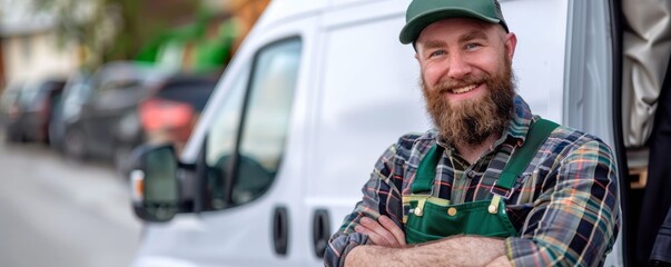 Confident gardener with beard and cap posing in front of service van - obrazy, fototapety, plakaty