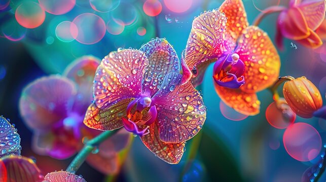Orchids in bloom, vibrant colors, close-up, straight-on shot, rainforest's delicate beauty, moist air 