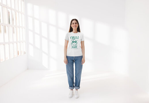 Mockup of woman wearing customizable t-shirt in studio