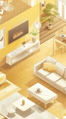 A Vertical Mobile Wallpaper Background Depicting An Isometric Illustration Of A Living Room Interior.