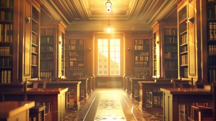 Warm sunlight streaming through a window in a classic library setting with rows of books, invoking peace and knowledge. - obrazy, fototapety, plakaty