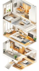 A Vertical Illustration Of An Isometric View Of A Modern Open-Plan Apartment's Interior.
